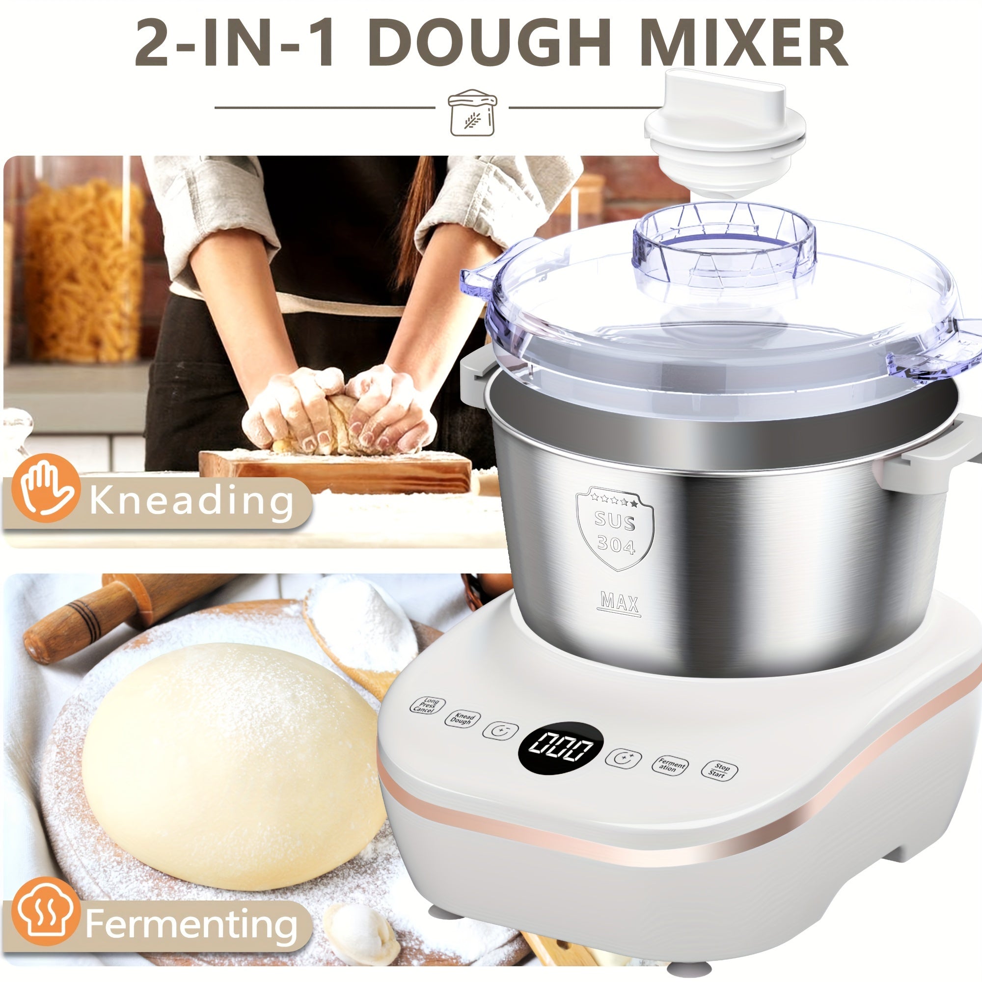 Electric Dough Maker with Proof Function, 5QT/7QT 304 Stainless Steel Hands‑Free Dough Kneader for Bread Dumplings Pizza