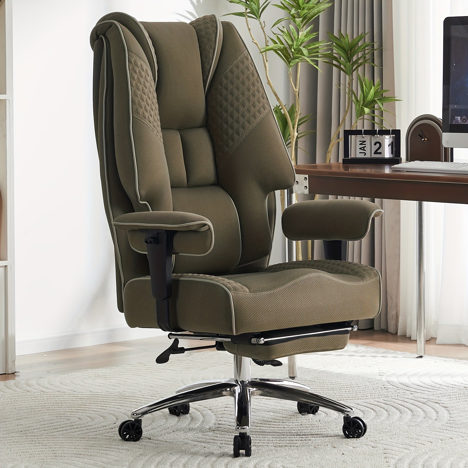Pink Big & Tall Executive Office Chair｜High‑Back PU Leather Reclining Desk Chair with Footrest, Spring Seat Cushion Adjustable Armrest for Home Workspace
