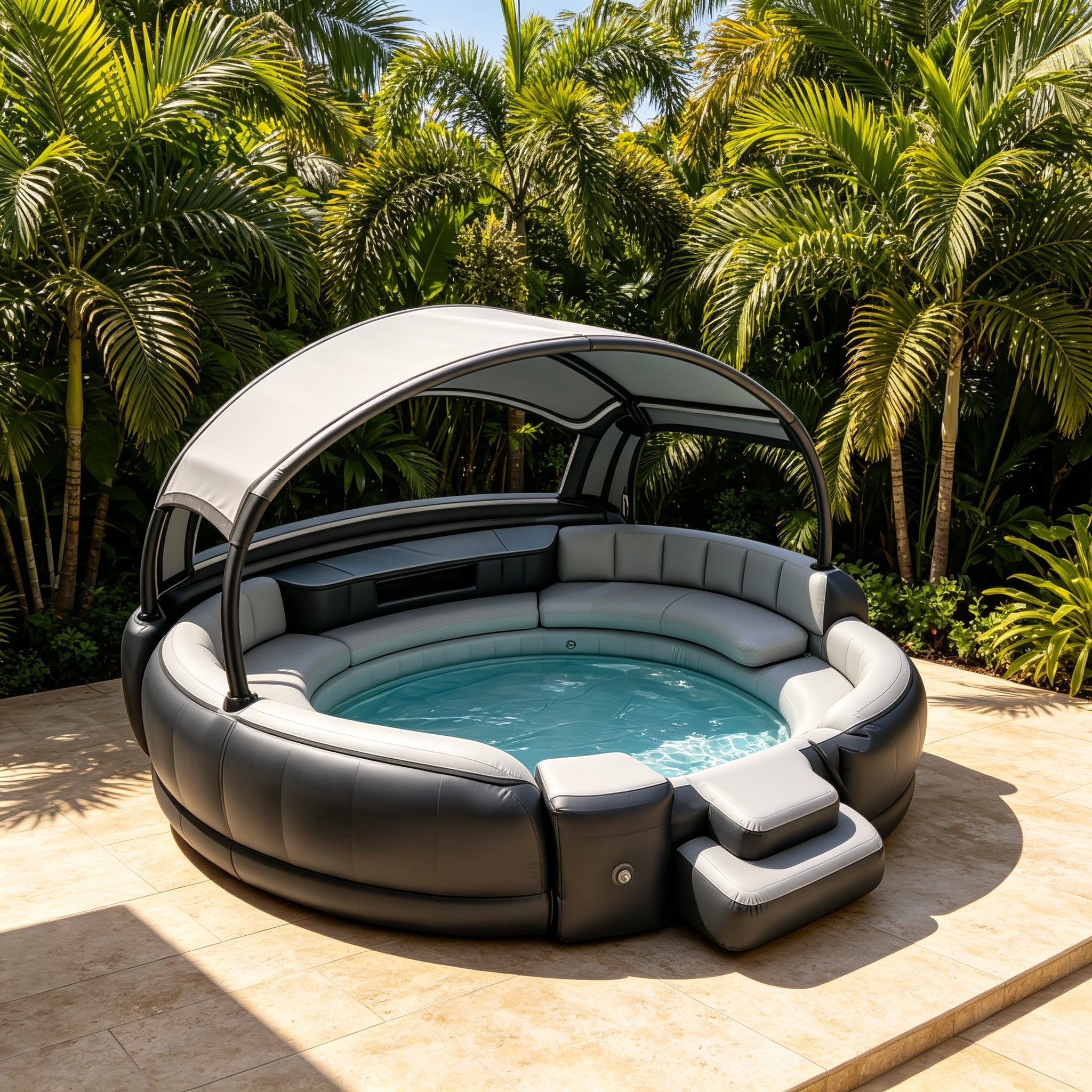 4‑7 Person Inflatable Circular Hot Tub Spa｜Outdoor Inflatable Spa with Foldable Canopy, LED Lights, Built‑in Seats & Drink Bar for Backyard Gatherings