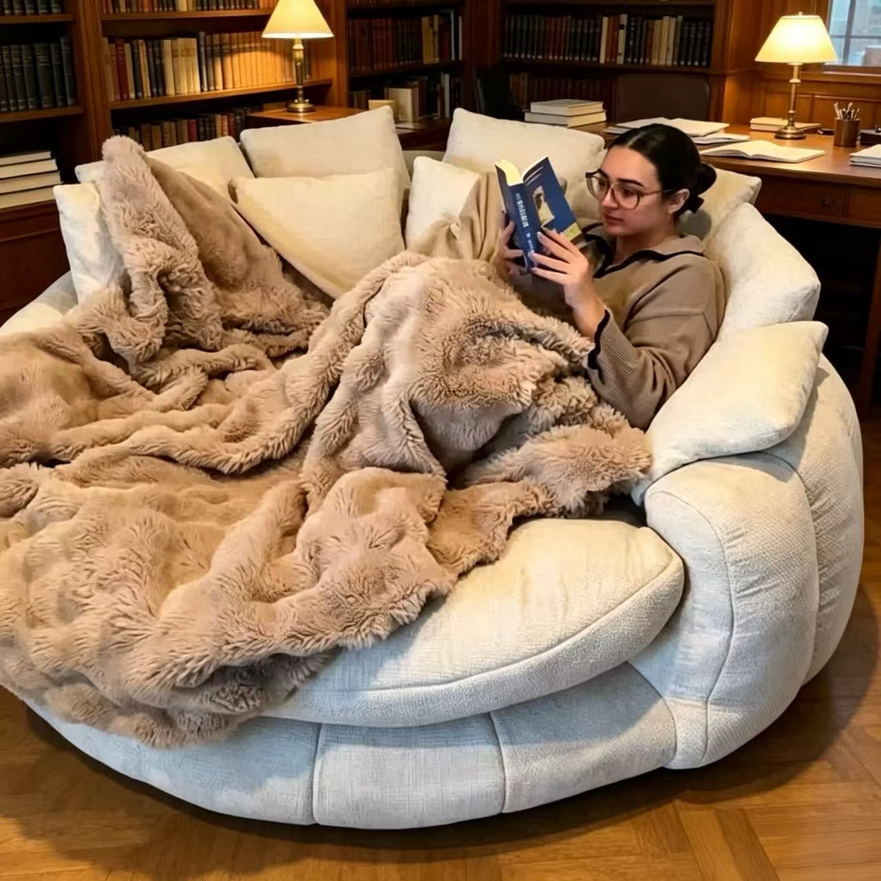 70 Inch Oversized Round Cuddle Daybed Sofa｜High‑Density Foam Circular Reading Nook Chair, Washable Cover & Pillows for Bedroom Reading Corner