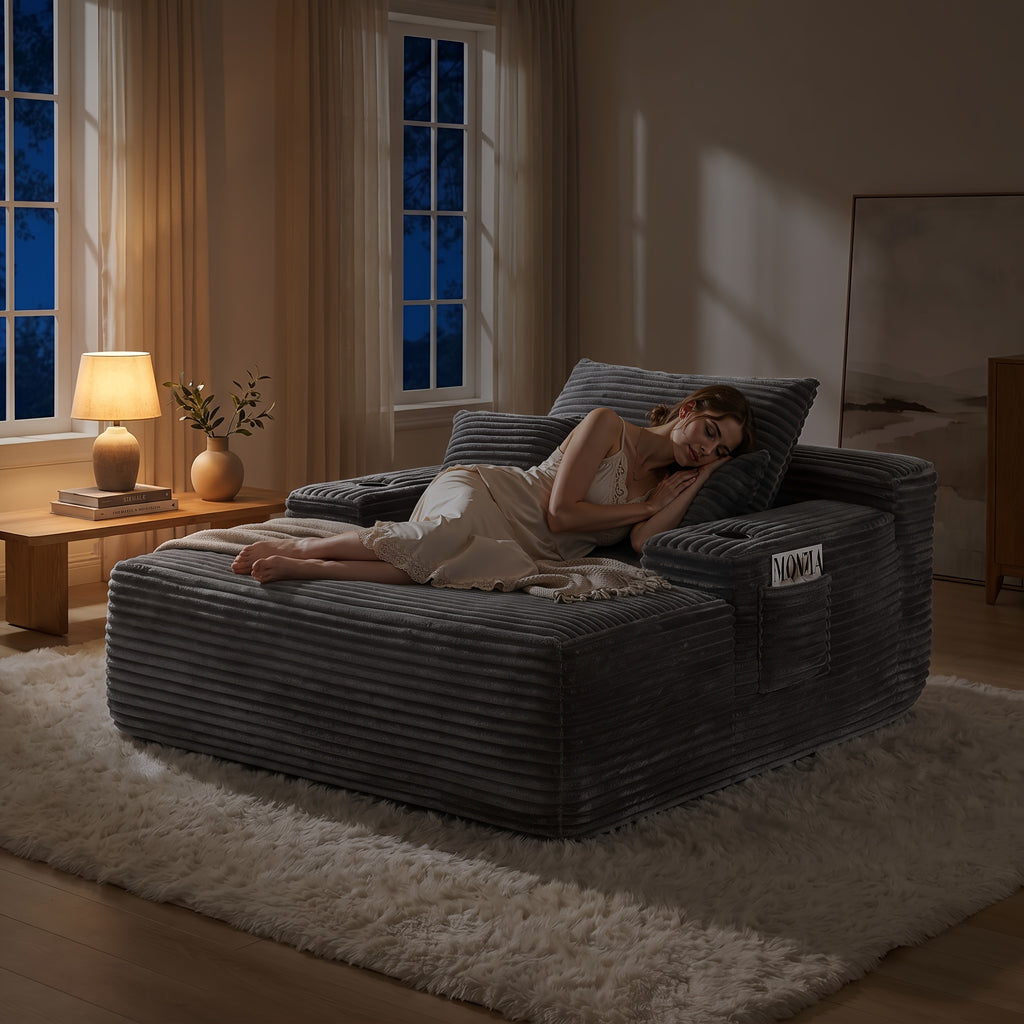 🛋️ MONZIA Oversized Corduroy Chaise Lounge Sofa — 400+ Pocket Springs, 1000LBS Capacity, Cup Holders & Storage Pockets for Living Room Bedroom