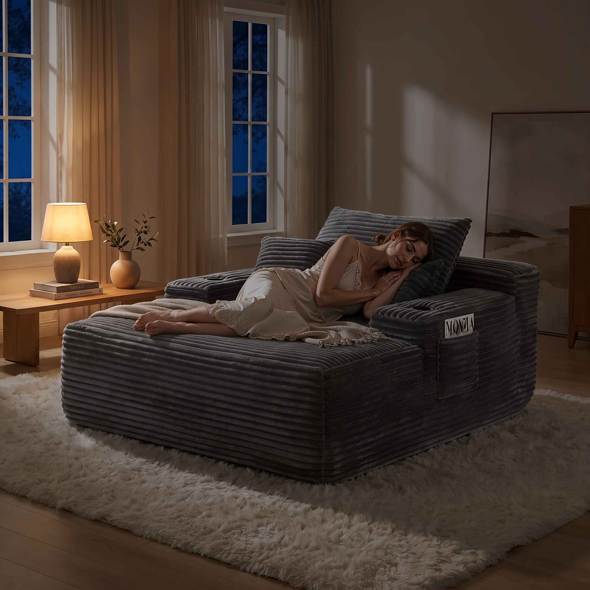 🛋️ MONZIA Oversized Corduroy Chaise Lounge Sofa — 400+ Pocket Springs, 1000LBS Capacity, Cup Holders & Storage Pockets for Living Room Bedroom