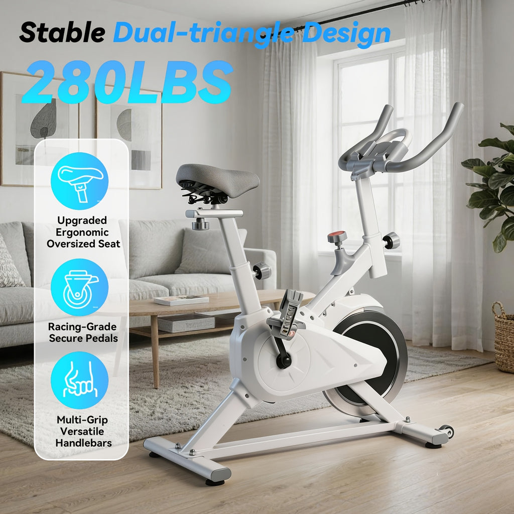 Quiet Belt‑Drive Indoor Stationary Exercise Bike｜280LBS Weight Capacity Adjustable Home Spinning Bike for Cardio Workout