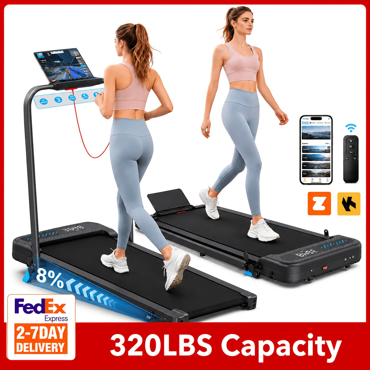 2 in 1 Folding Treadmill, 3.0HP Under Desk Walking Running Treadmill with App Control, 320LBS Capacity Quiet Portable Treadmill for Home Office