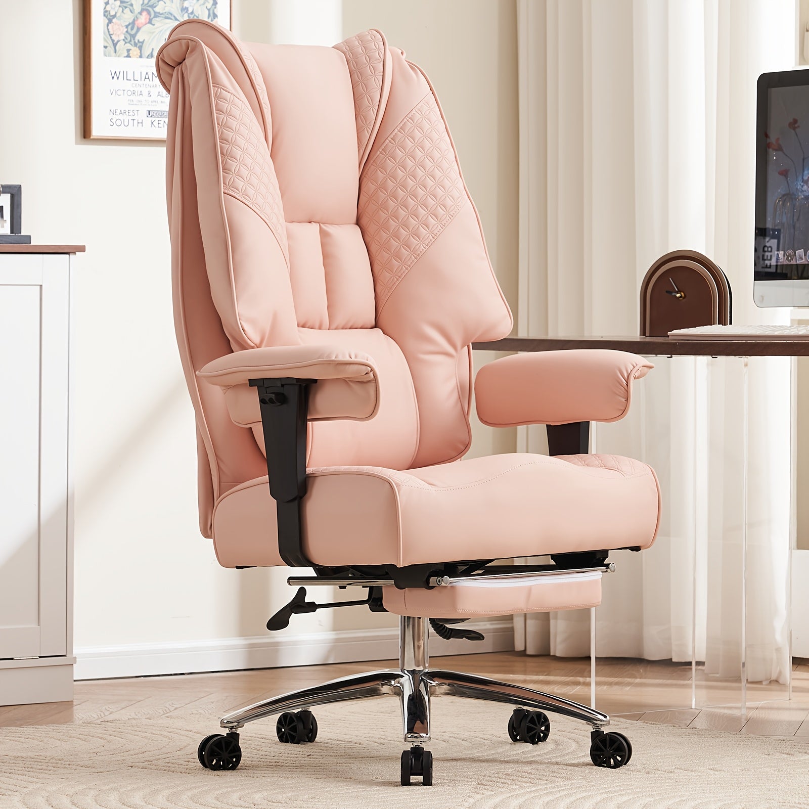 Pink Big & Tall Executive Office Chair｜High‑Back PU Leather Reclining Desk Chair with Footrest, Spring Seat Cushion Adjustable Armrest for Home Workspace