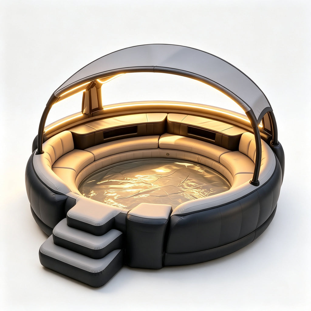 4‑7 Person Inflatable Circular Hot Tub Spa｜Outdoor Inflatable Spa with Foldable Canopy, LED Lights, Built‑in Seats & Drink Bar for Backyard Gatherings