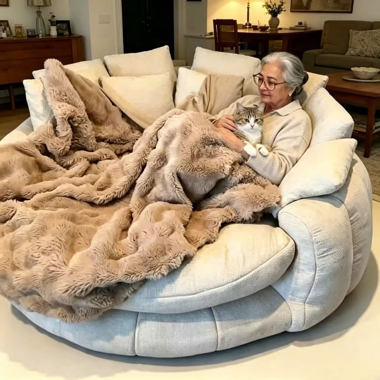 70 Inch Oversized Round Cuddle Daybed Sofa｜High‑Density Foam Circular Reading Nook Chair, Washable Cover & Pillows for Bedroom Reading Corner
