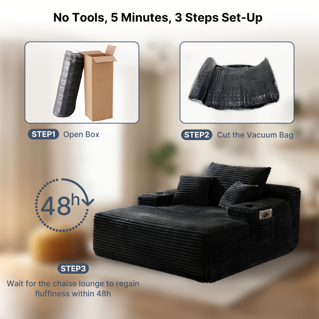🛋️ MONZIA Oversized Corduroy Chaise Lounge Sofa — 400+ Pocket Springs, 1000LBS Capacity, Cup Holders & Storage Pockets for Living Room Bedroom