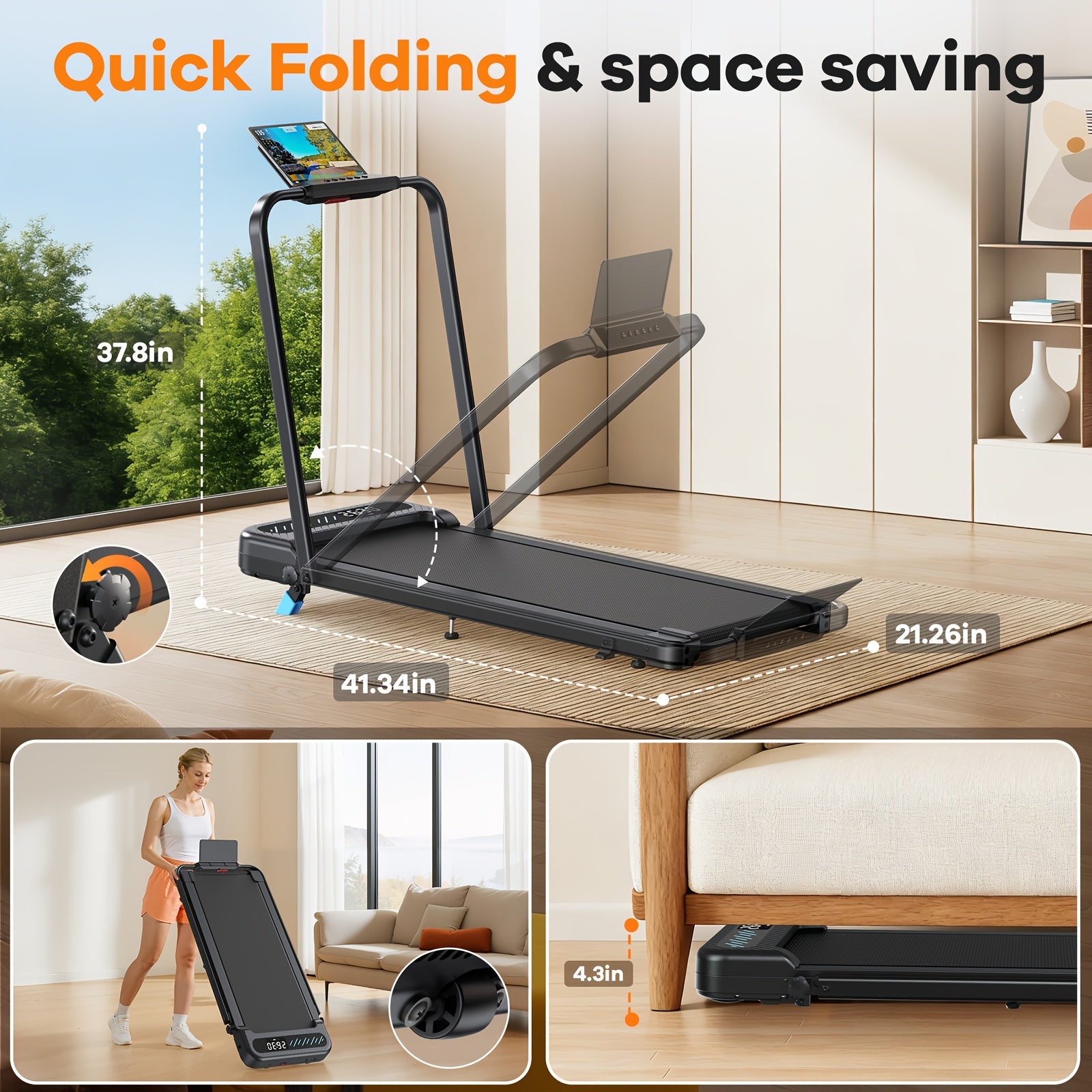 2 in 1 Folding Treadmill, 3.0HP Under Desk Walking Running Treadmill with App Control, 320LBS Capacity Quiet Portable Treadmill for Home Office