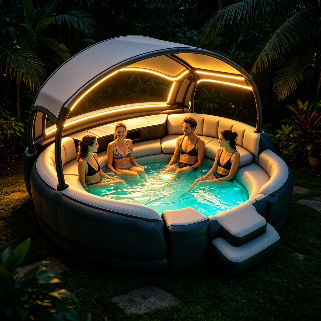 4‑7 Person Inflatable Circular Hot Tub Spa｜Outdoor Inflatable Spa with Foldable Canopy, LED Lights, Built‑in Seats & Drink Bar for Backyard Gatherings