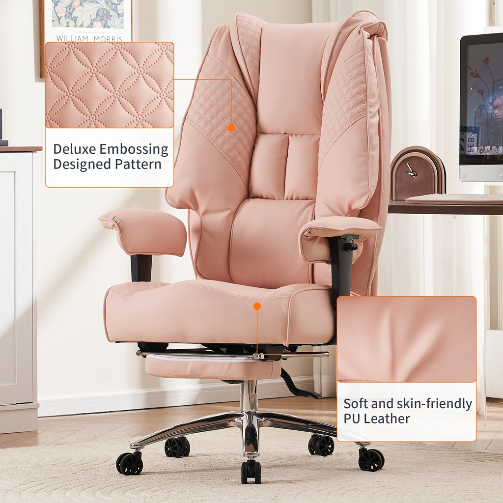 Pink Big & Tall Executive Office Chair｜High‑Back PU Leather Reclining Desk Chair with Footrest, Spring Seat Cushion Adjustable Armrest for Home Workspace