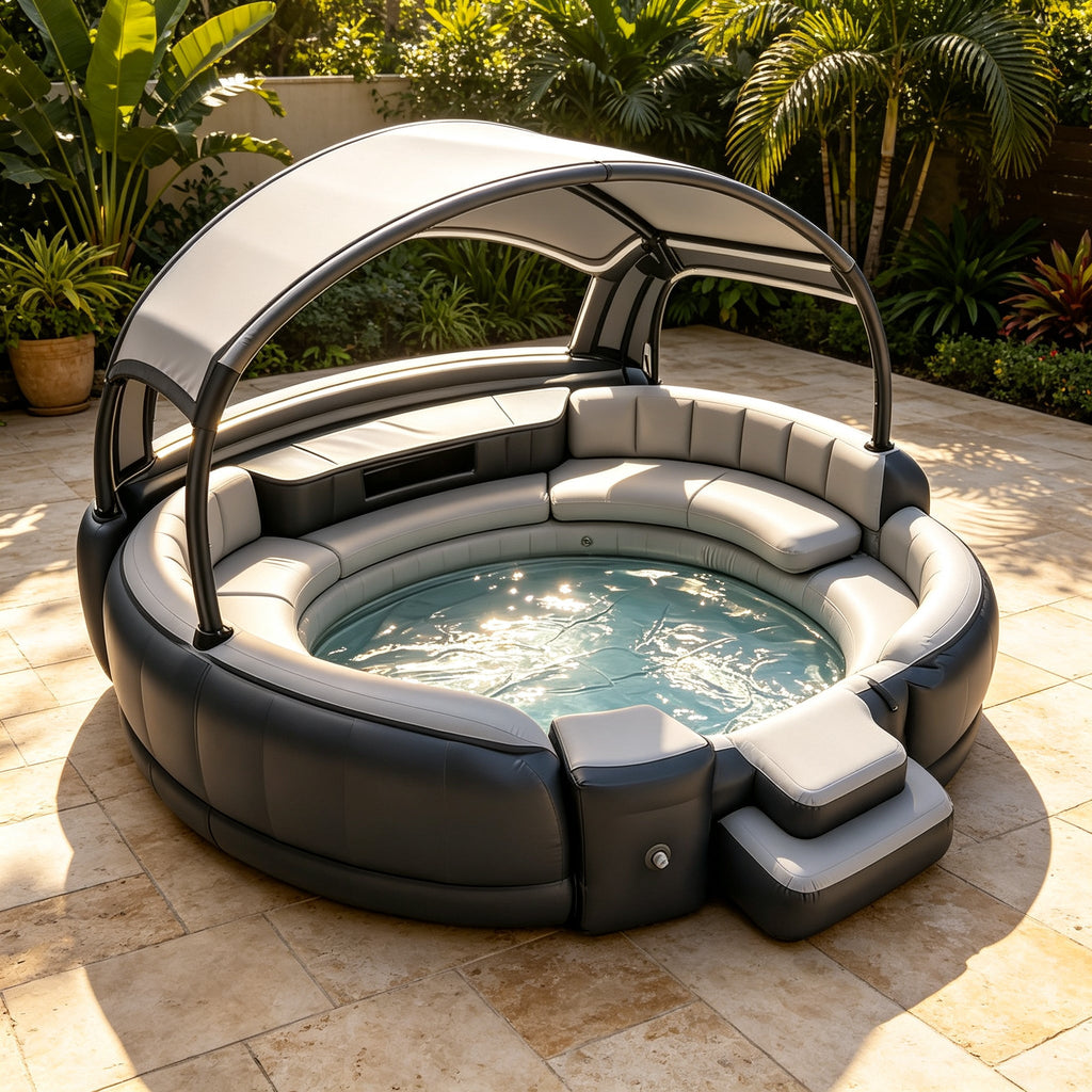 4‑7 Person Inflatable Circular Hot Tub Spa｜Outdoor Inflatable Spa with Foldable Canopy, LED Lights, Built‑in Seats & Drink Bar for Backyard Gatherings