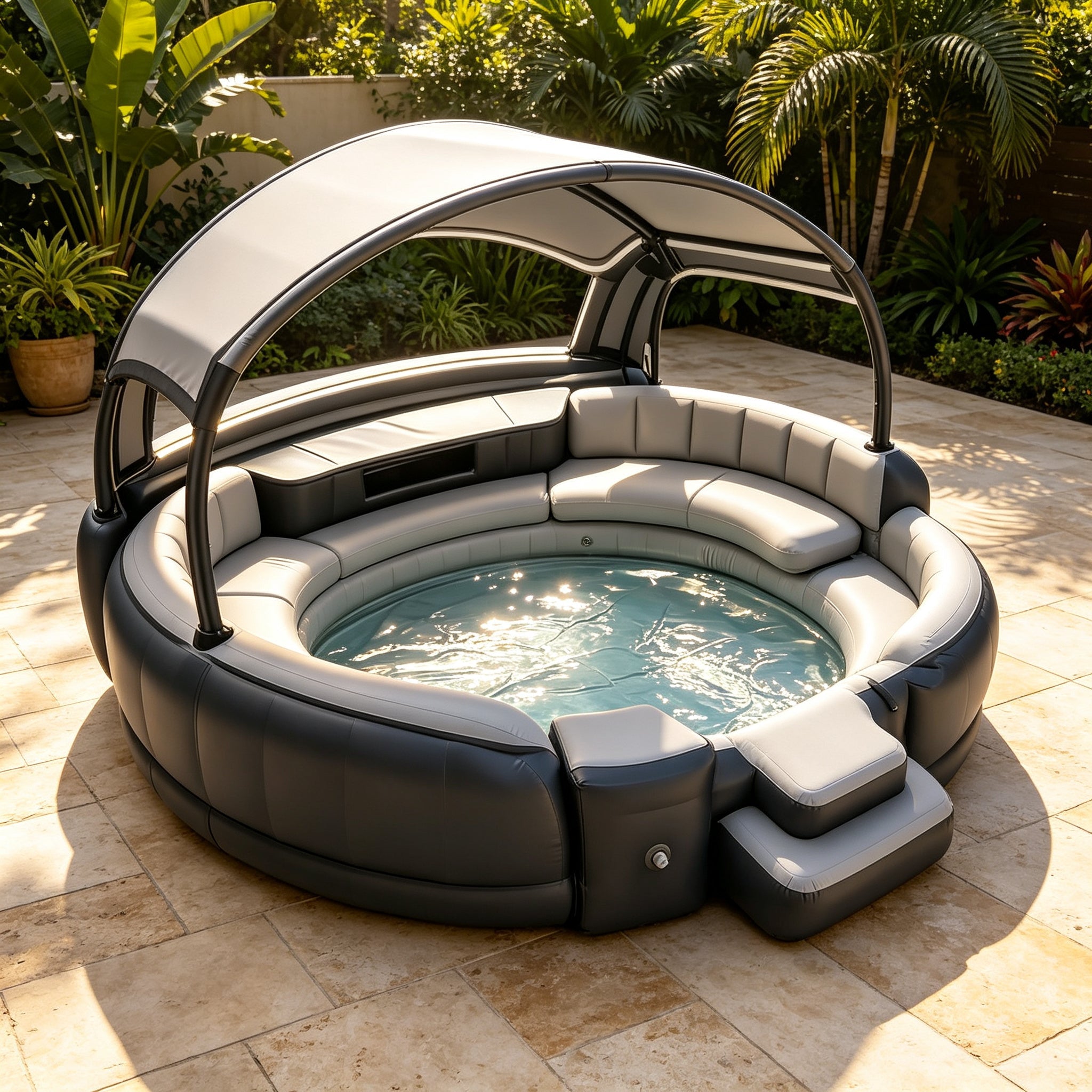 4‑7 Person Inflatable Circular Hot Tub Spa｜Outdoor Inflatable Spa with Foldable Canopy, LED Lights, Built‑in Seats & Drink Bar for Backyard Gatherings