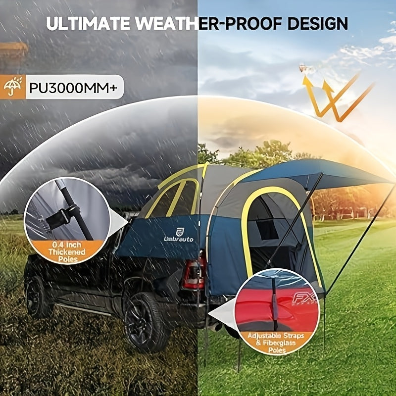 Pickup Truck Bed Tent with Air Mattress, 5.5‑6.5FT Truck Bed Camping Tent with Sun Canopy, PU3000 Waterproof Truck Bed Tent for Camping Travel