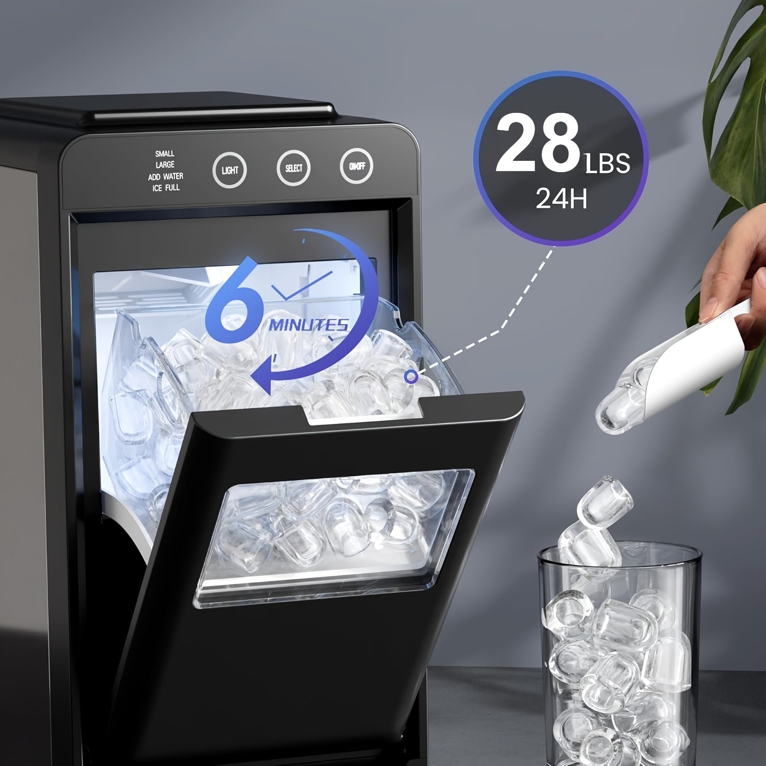 Countertop Ice Maker Machine｜6‑13 Mins Fast Ice, 28Lbs/24H Self‑Cleaning Portable Ice Machine, 2 Sizes Bullet Ice for Home Kitchen Bar Party