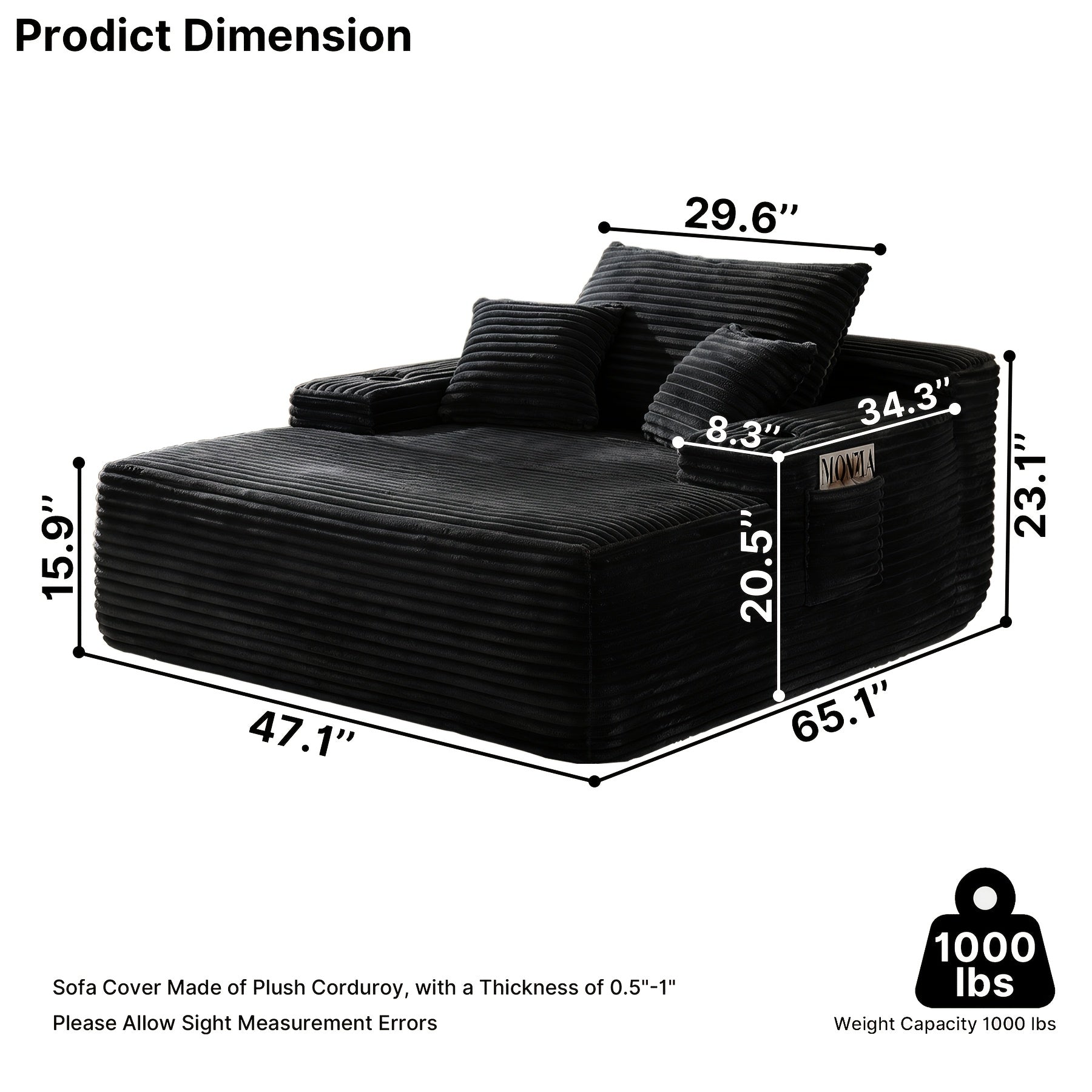 🛋️ MONZIA Oversized Corduroy Chaise Lounge Sofa — 400+ Pocket Springs, 1000LBS Capacity, Cup Holders & Storage Pockets for Living Room Bedroom