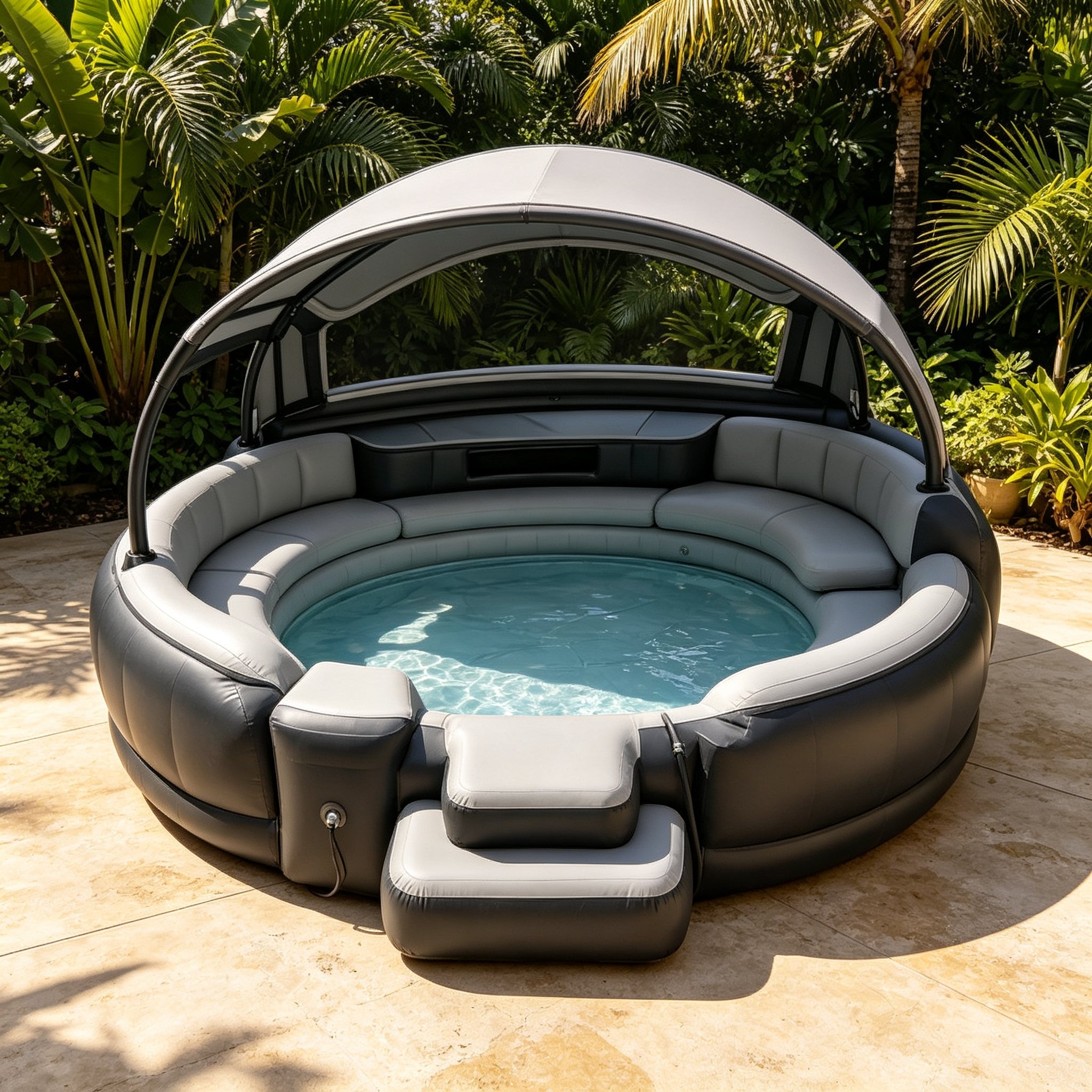 4‑7 Person Inflatable Circular Hot Tub Spa｜Outdoor Inflatable Spa with Foldable Canopy, LED Lights, Built‑in Seats & Drink Bar for Backyard Gatherings