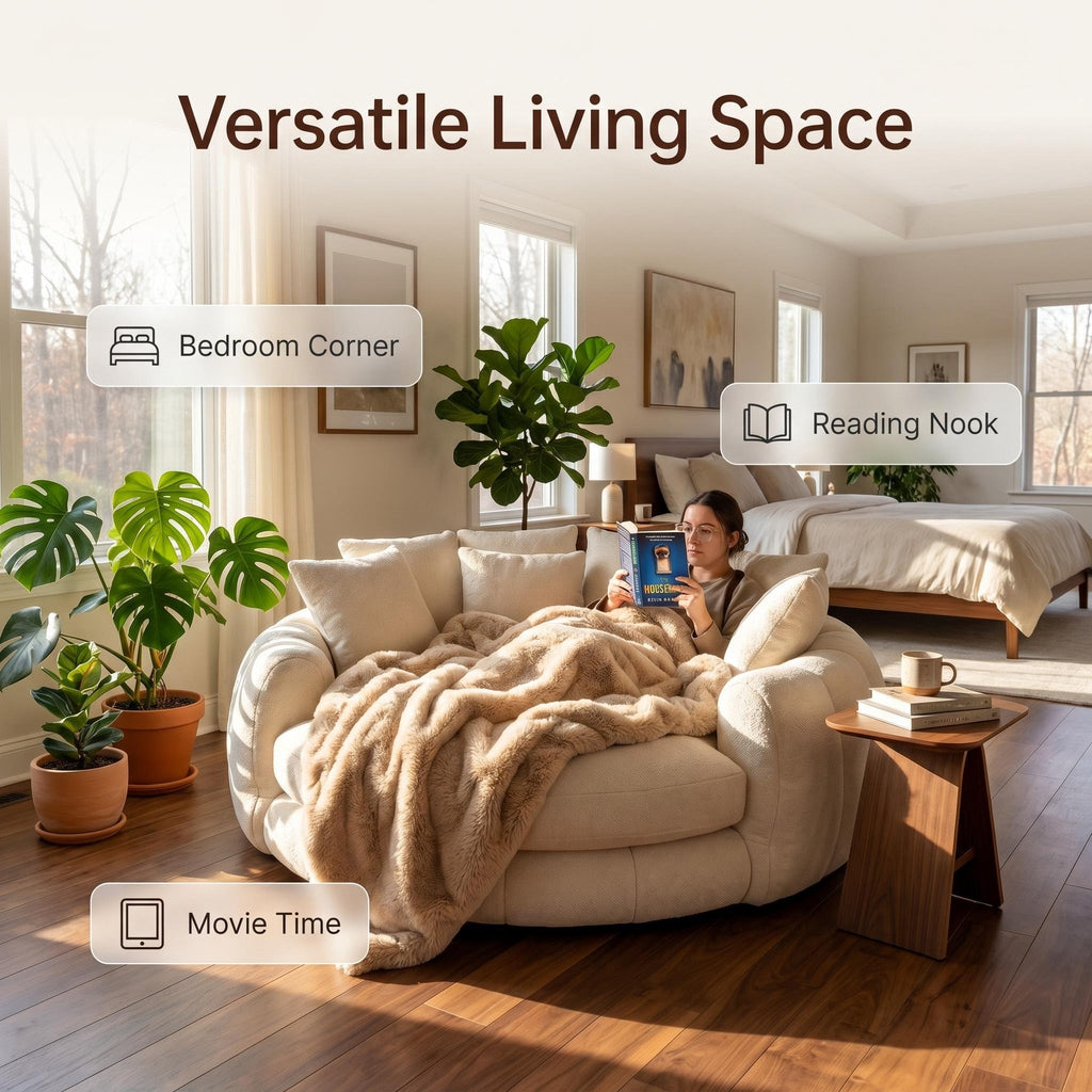 70 Inch Oversized Round Cuddle Daybed Sofa｜High‑Density Foam Circular Reading Nook Chair, Washable Cover & Pillows for Bedroom Reading Corner