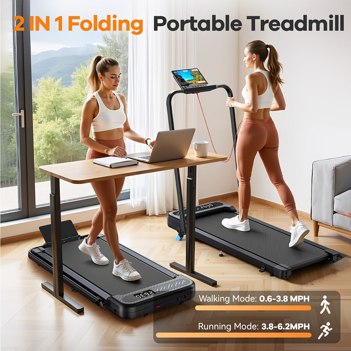 2 in 1 Folding Treadmill, 3.0HP Under Desk Walking Running Treadmill with App Control, 320LBS Capacity Quiet Portable Treadmill for Home Office