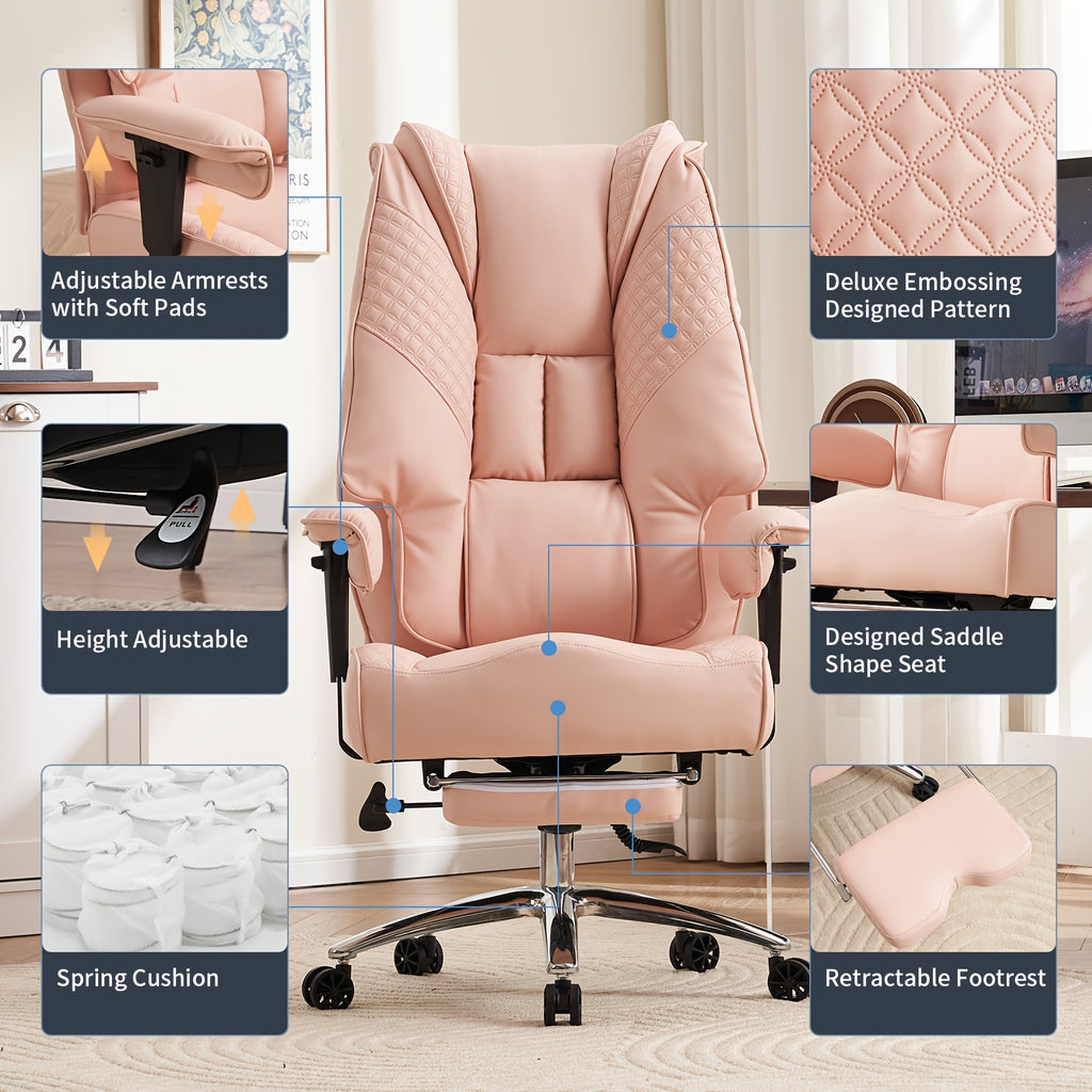 High Back PU Leather Executive Office Chair, 90-145° Reclining Desk Chair with Retractable Footrest & Spring Cushion, Adjustable Armrest Computer Chair for Home Office