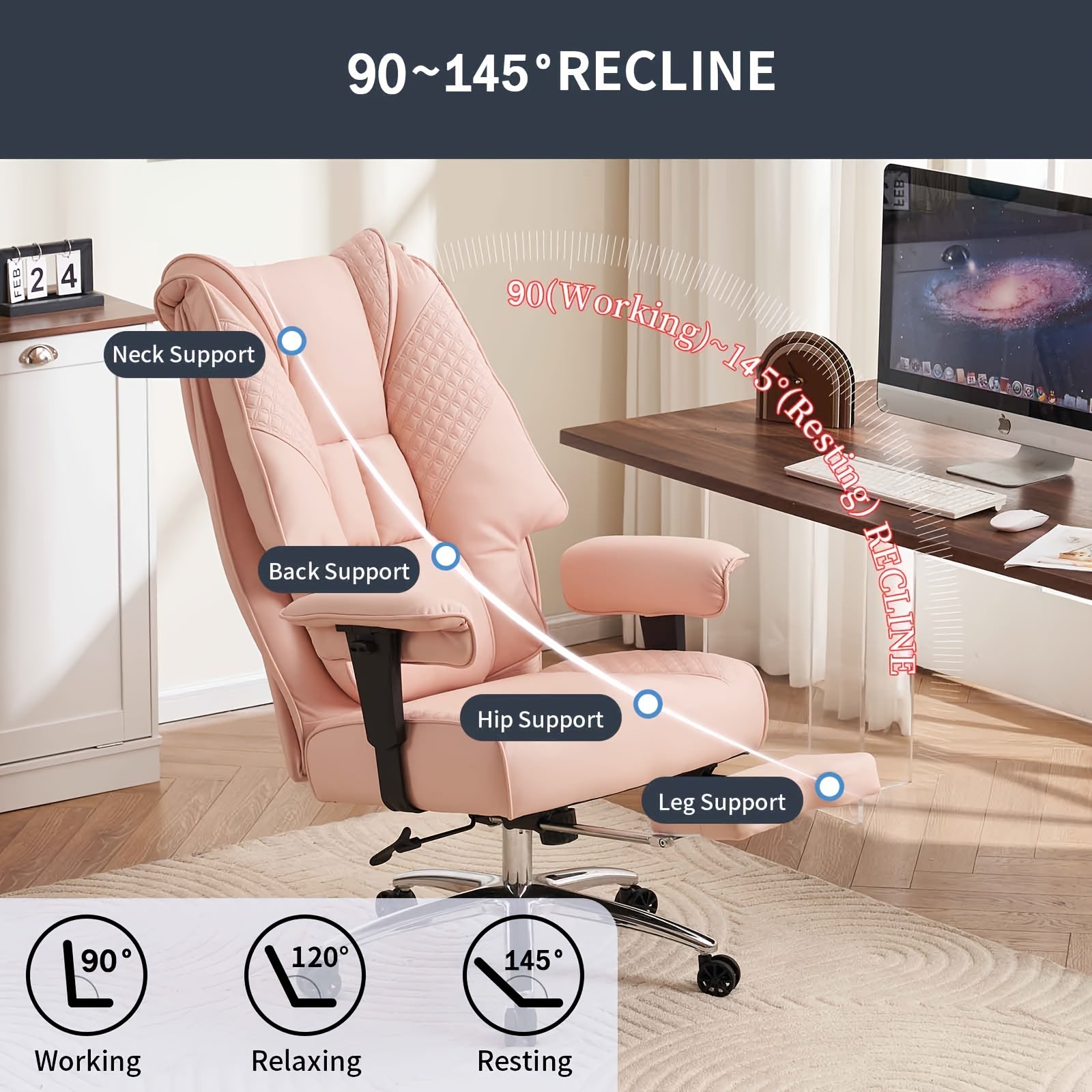 Pink Big & Tall Executive Office Chair｜High‑Back PU Leather Reclining Desk Chair with Footrest, Spring Seat Cushion Adjustable Armrest for Home Workspace