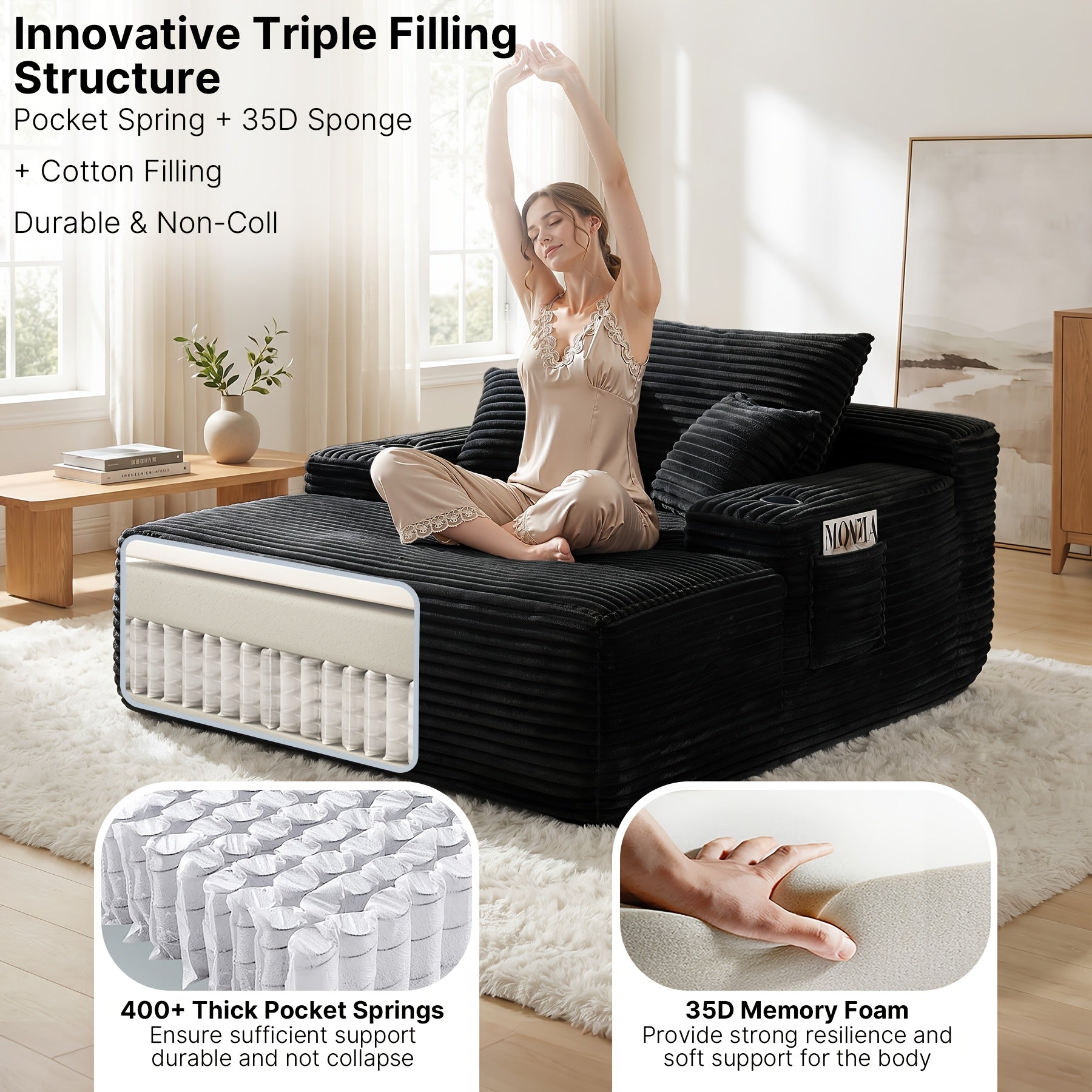 🛋️ MONZIA Oversized Corduroy Chaise Lounge Sofa — 400+ Pocket Springs, 1000LBS Capacity, Cup Holders & Storage Pockets for Living Room Bedroom