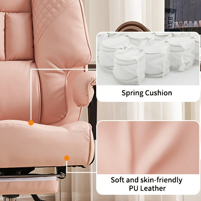 Pink Big & Tall Executive Office Chair｜High‑Back PU Leather Reclining Desk Chair with Footrest, Spring Seat Cushion Adjustable Armrest for Home Workspace