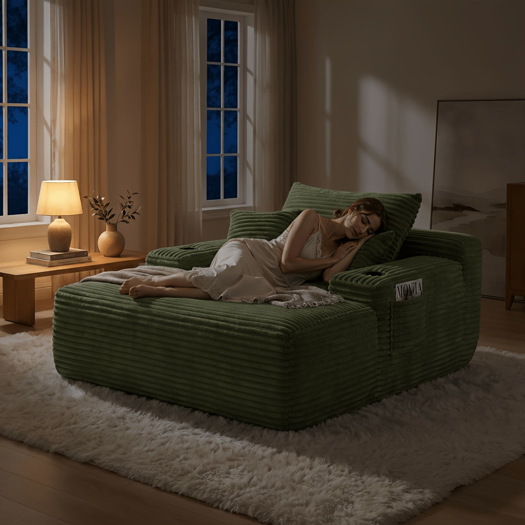 🛋️ MONZIA Oversized Corduroy Chaise Lounge Sofa — 400+ Pocket Springs, 1000LBS Capacity, Cup Holders & Storage Pockets for Living Room Bedroom
