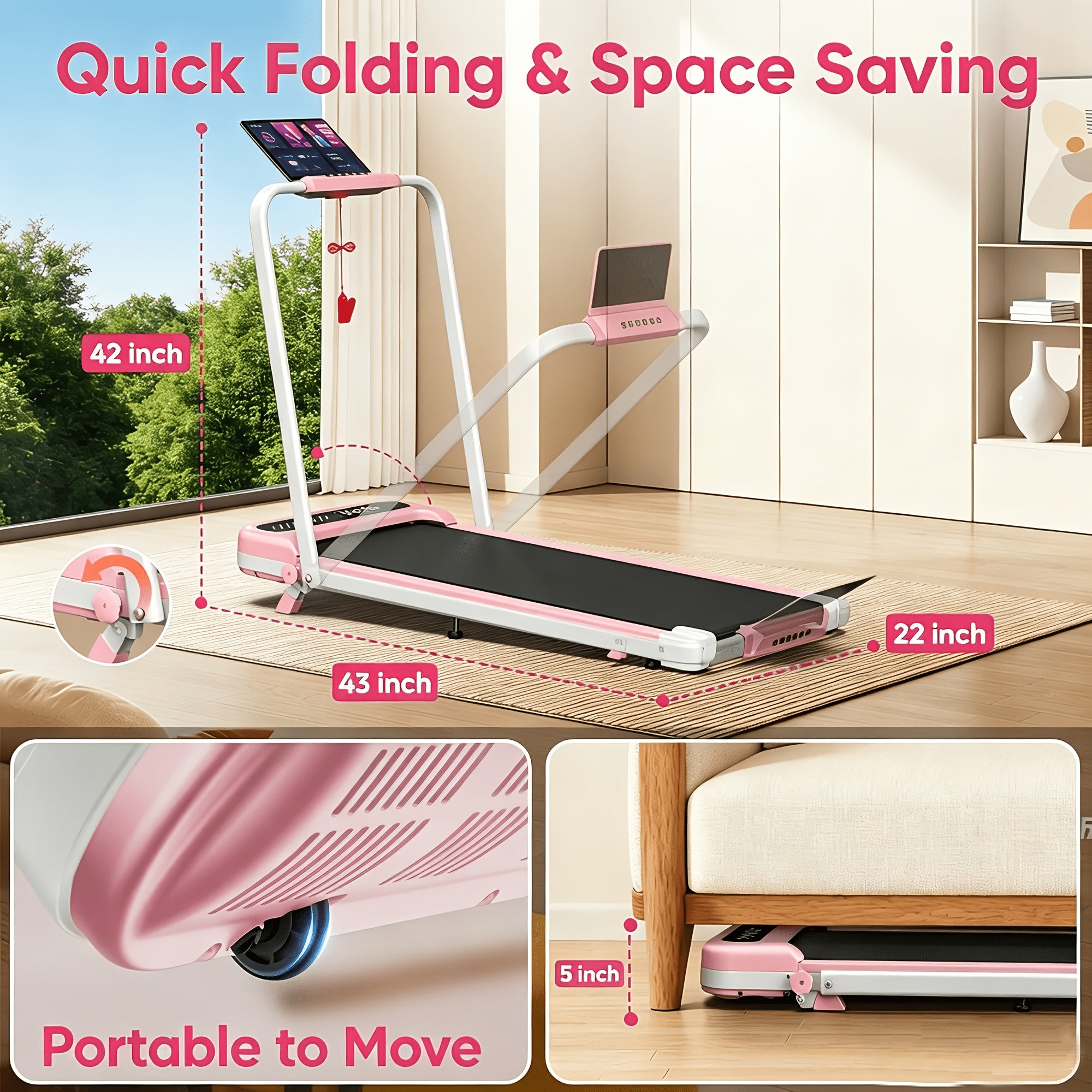 2 in 1 Folding Treadmill, 3.0HP Under Desk Walking Running Treadmill with App Control, 320LBS Capacity Quiet Portable Treadmill for Home Office