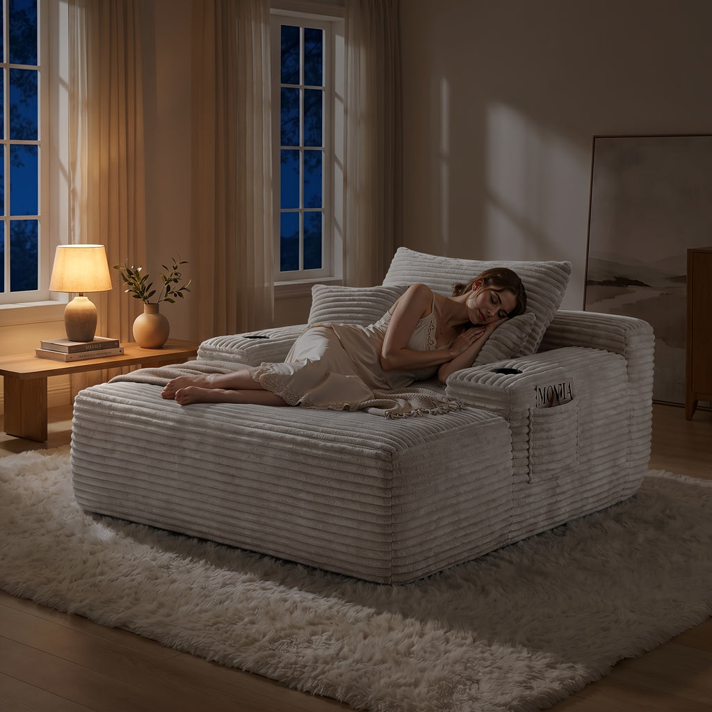 🛋️ MONZIA Oversized Corduroy Chaise Lounge Sofa — 400+ Pocket Springs, 1000LBS Capacity, Cup Holders & Storage Pockets for Living Room Bedroom