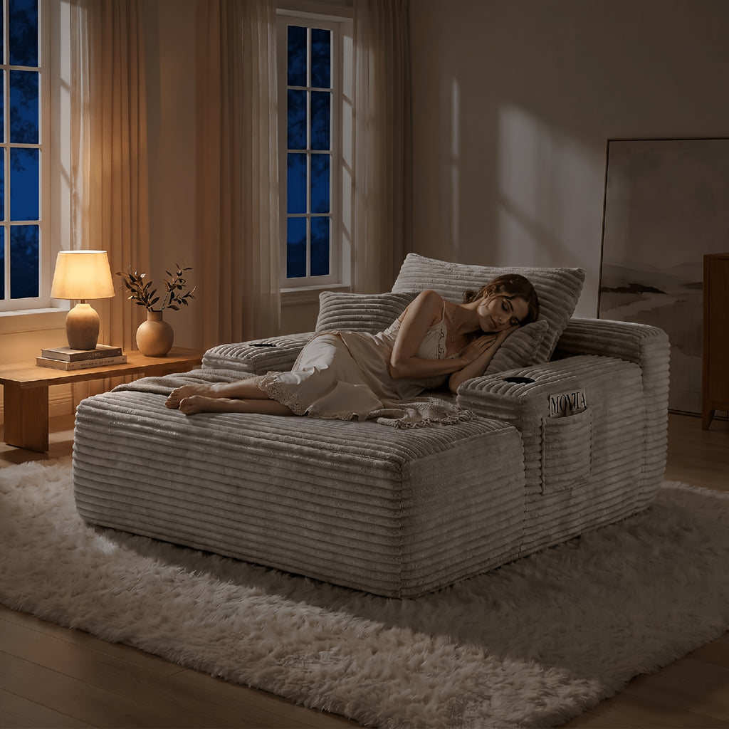 🛋️ MONZIA Oversized Corduroy Chaise Lounge Sofa — 400+ Pocket Springs, 1000LBS Capacity, Cup Holders & Storage Pockets for Living Room Bedroom