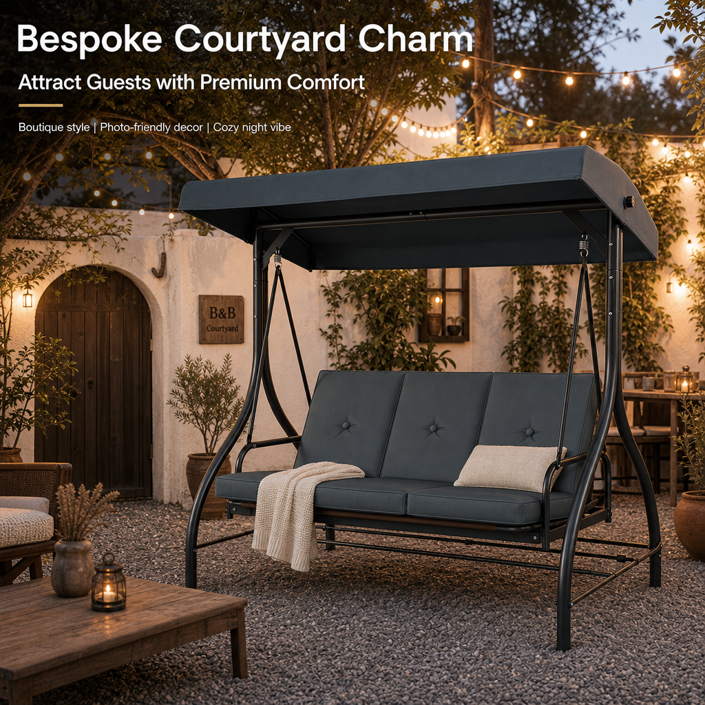 3‑Seat Convertible Outdoor Patio Swing Chair, Weather‑Resistant Porch Swing Bed with Adjustable Canopy, Thick Waterproof Cushion & Heavy‑Duty Steel Frame for Backyard Garden