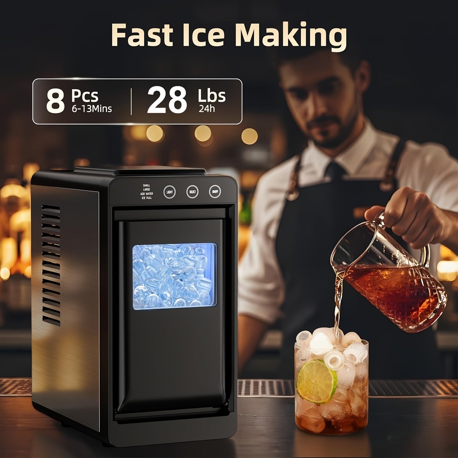 Countertop Ice Maker Machine｜6‑13 Mins Fast Ice, 28Lbs/24H Self‑Cleaning Portable Ice Machine, 2 Sizes Bullet Ice for Home Kitchen Bar Party