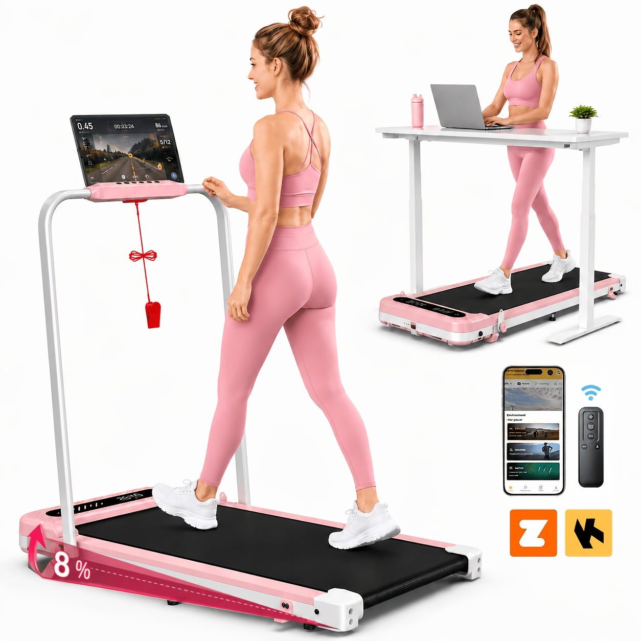 2 in 1 Folding Treadmill, 3.0HP Under Desk Walking Running Treadmill with App Control, 320LBS Capacity Quiet Portable Treadmill for Home Office