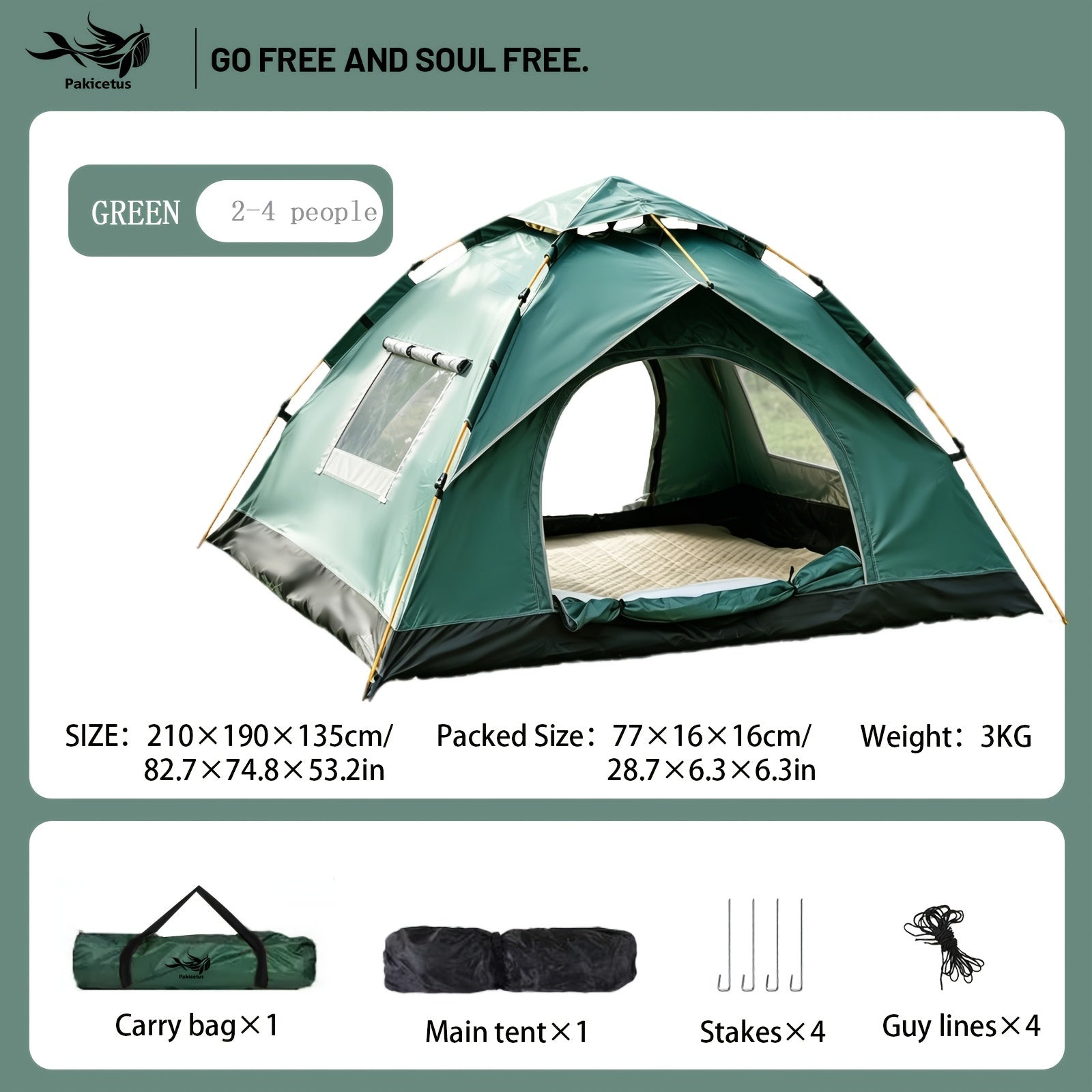 2‑4 Person Automatic Pop‑Up Camping Tent, Quick Setup Waterproof Portable Outdoor Tent with Carry Bag for Hiking Backpacking Picnic