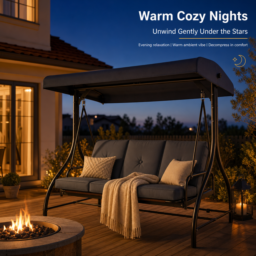 3‑Seat Convertible Outdoor Patio Swing Chair, Weather‑Resistant Porch Swing Bed with Adjustable Canopy, Thick Waterproof Cushion & Heavy‑Duty Steel Frame for Backyard Garden