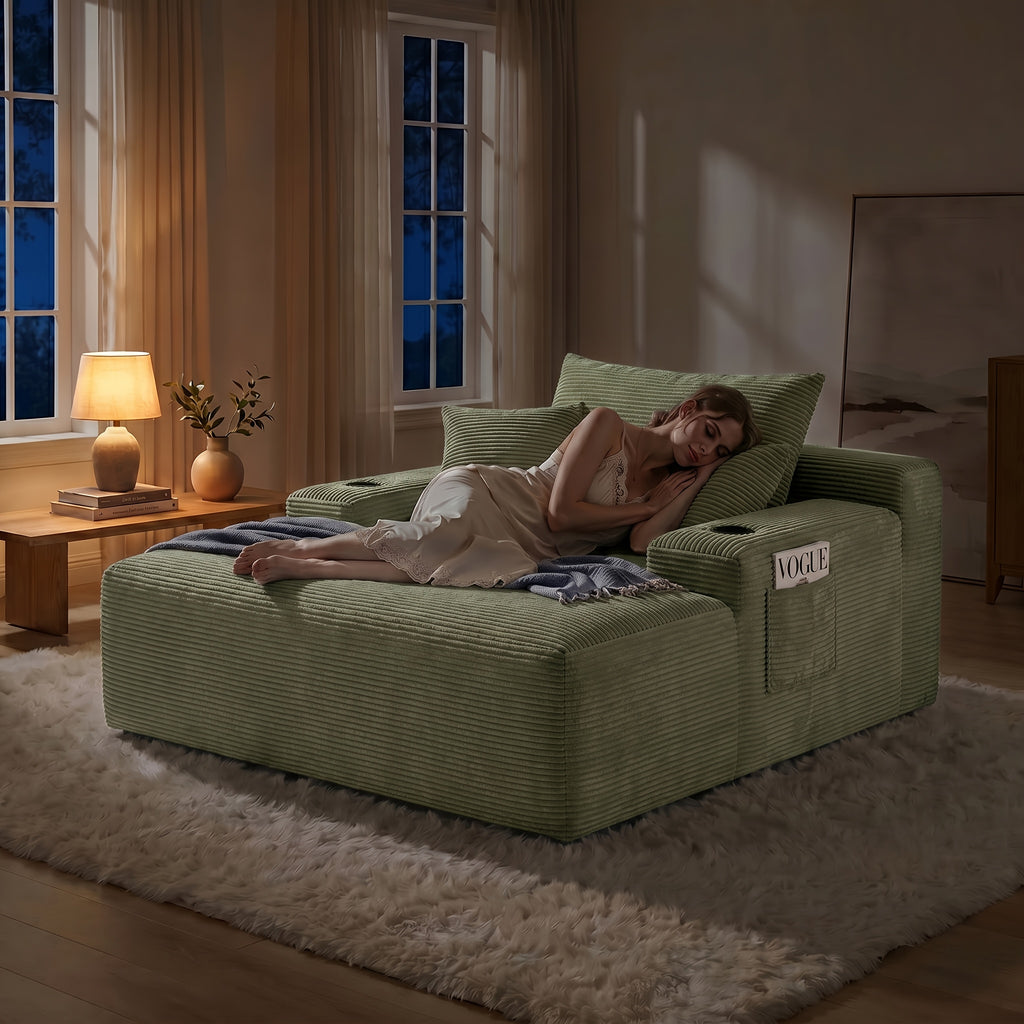 🛋️ MONZIA Oversized Corduroy Chaise Lounge Sofa — 400+ Pocket Springs, 1000LBS Capacity, Cup Holders & Storage Pockets for Living Room Bedroom