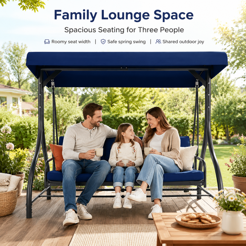 3‑Seat Convertible Outdoor Patio Swing Chair, Weather‑Resistant Porch Swing Bed with Adjustable Canopy, Thick Waterproof Cushion & Heavy‑Duty Steel Frame for Backyard Garden