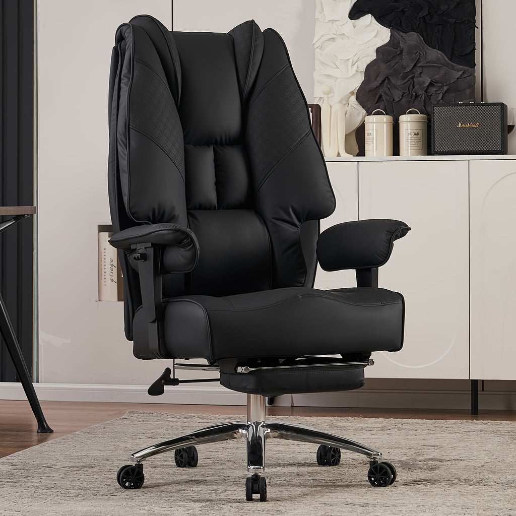 High Back PU Leather Executive Office Chair, 90-145° Reclining Desk Chair with Retractable Footrest & Spring Cushion, Adjustable Armrest Computer Chair for Home Office