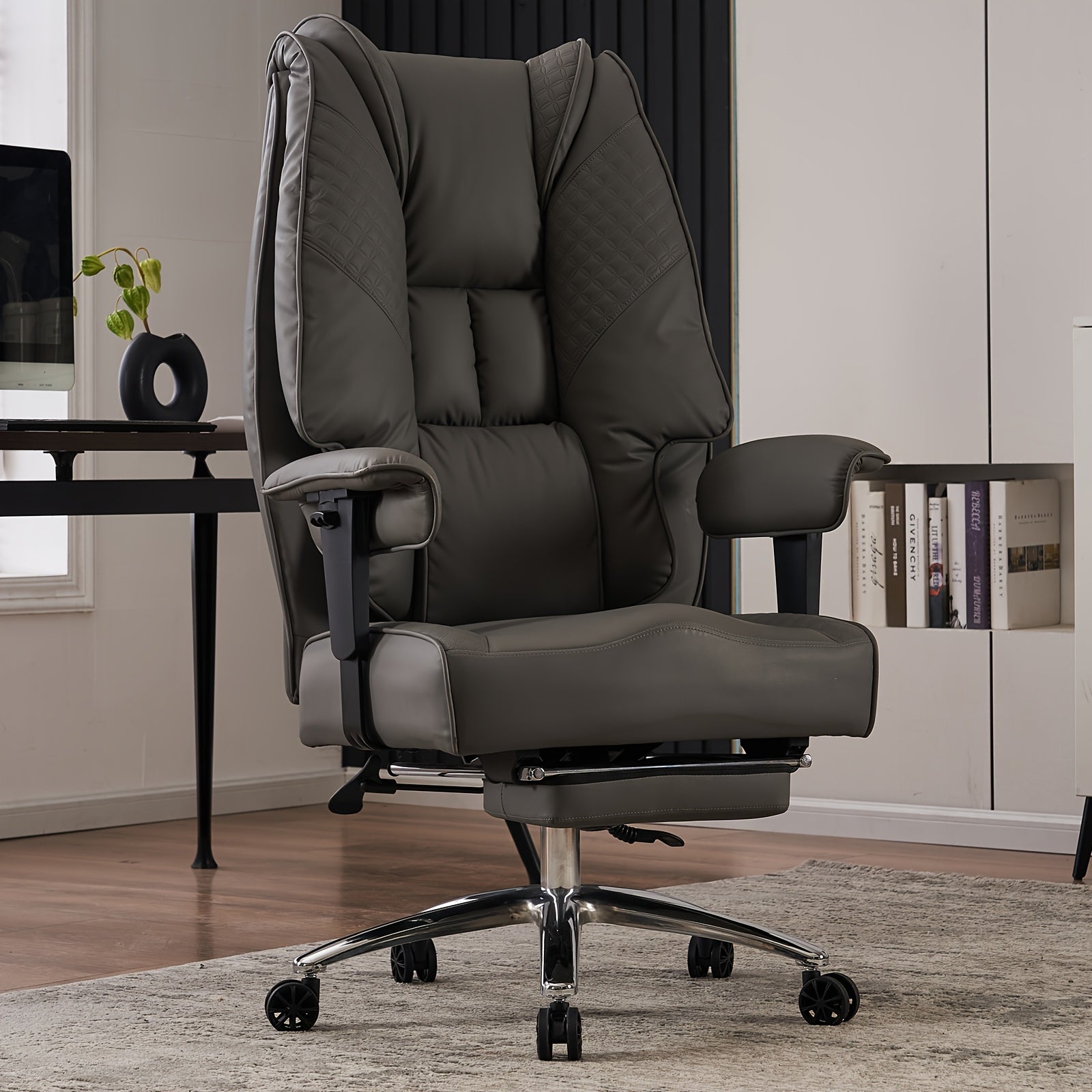 Pink Big & Tall Executive Office Chair｜High‑Back PU Leather Reclining Desk Chair with Footrest, Spring Seat Cushion Adjustable Armrest for Home Workspace