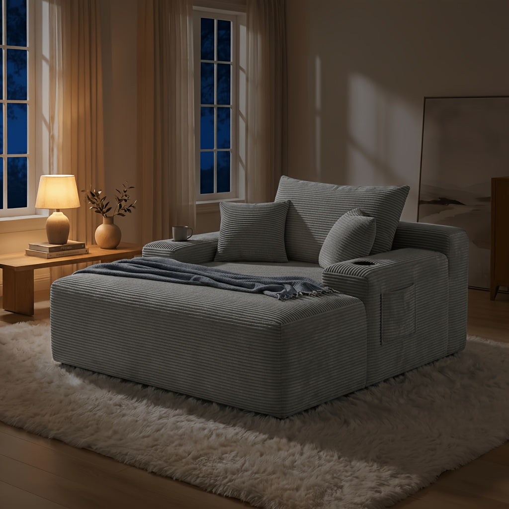 🛋️ MONZIA Oversized Corduroy Chaise Lounge Sofa — 400+ Pocket Springs, 1000LBS Capacity, Cup Holders & Storage Pockets for Living Room Bedroom