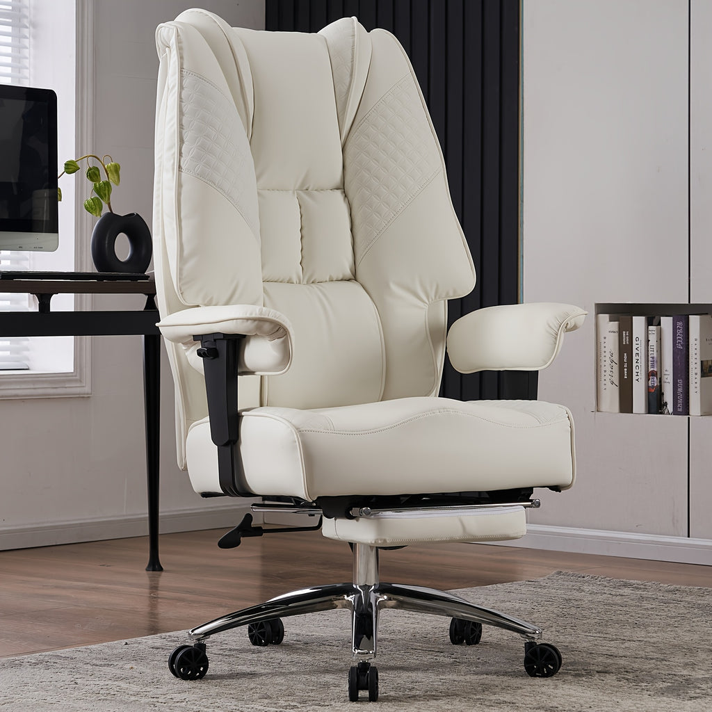 High Back PU Leather Executive Office Chair, 90-145° Reclining Desk Chair with Retractable Footrest & Spring Cushion, Adjustable Armrest Computer Chair for Home Office