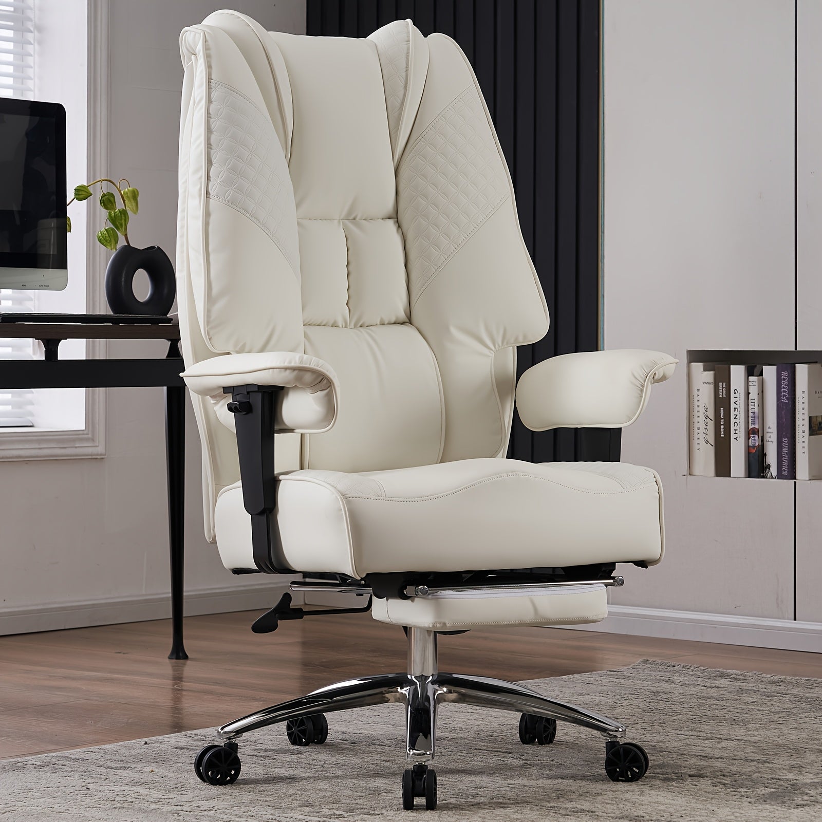 High Back PU Leather Executive Office Chair, 90-145° Reclining Desk Chair with Retractable Footrest & Spring Cushion, Adjustable Armrest Computer Chair for Home Office