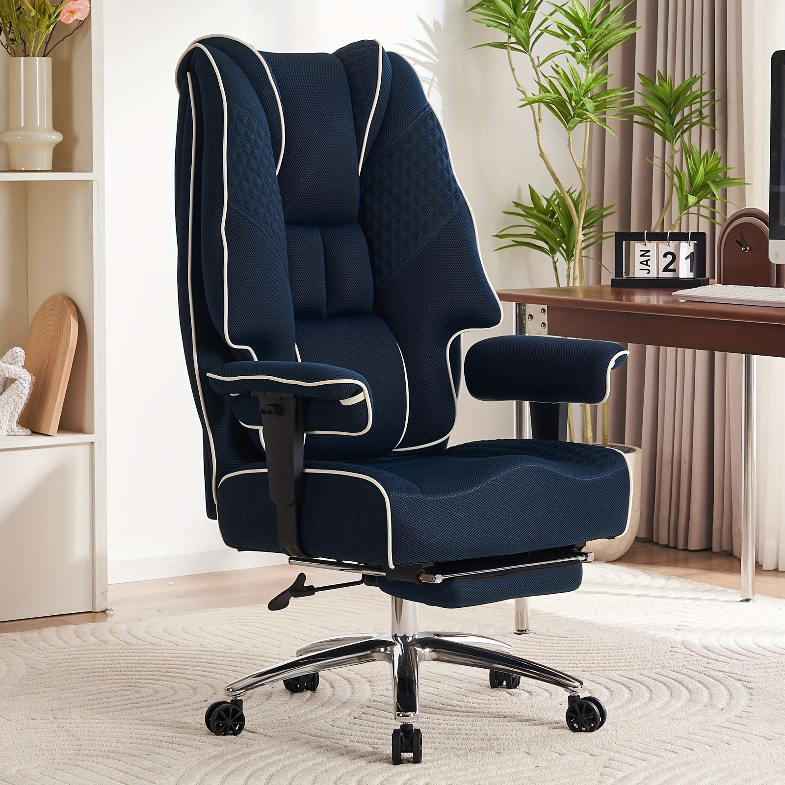 Pink Big & Tall Executive Office Chair｜High‑Back PU Leather Reclining Desk Chair with Footrest, Spring Seat Cushion Adjustable Armrest for Home Workspace