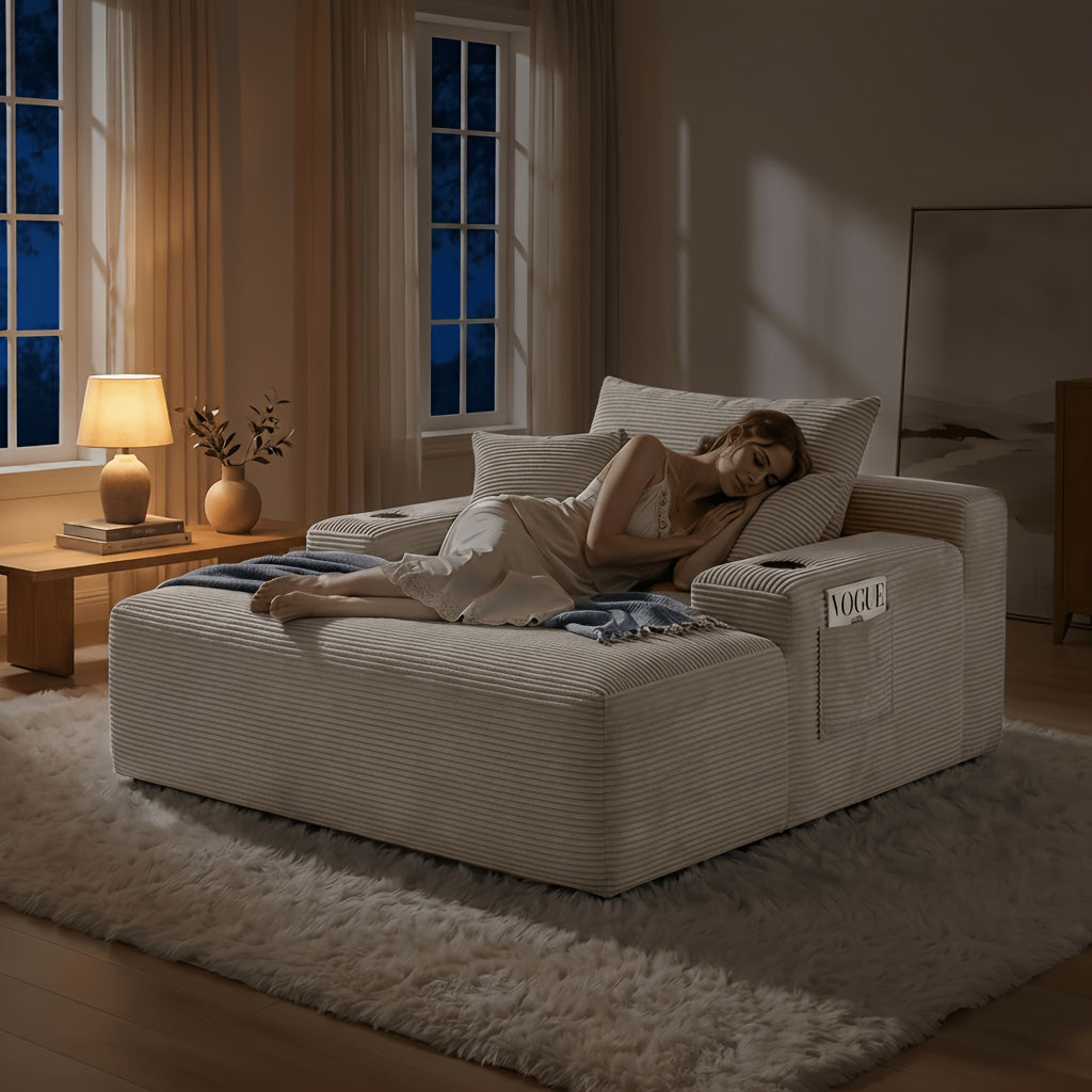 🛋️ MONZIA Oversized Corduroy Chaise Lounge Sofa — 400+ Pocket Springs, 1000LBS Capacity, Cup Holders & Storage Pockets for Living Room Bedroom