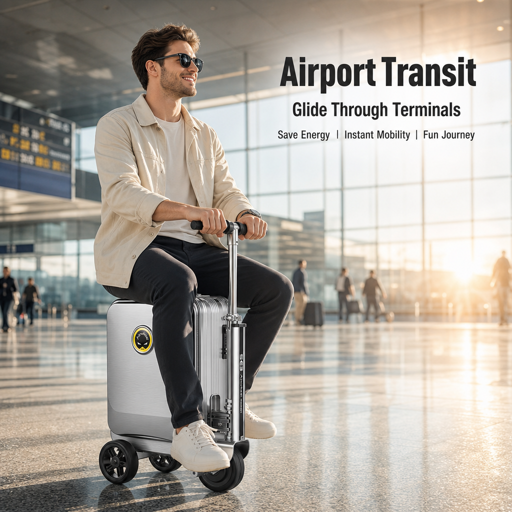 Rideable Scooter Luggage｜Foldable Aluminum Carry‑On Suitcase, TSA Lock Silent Spinner Wheels, Multi‑Purpose Riding Suitcase for Airport Commute Campus