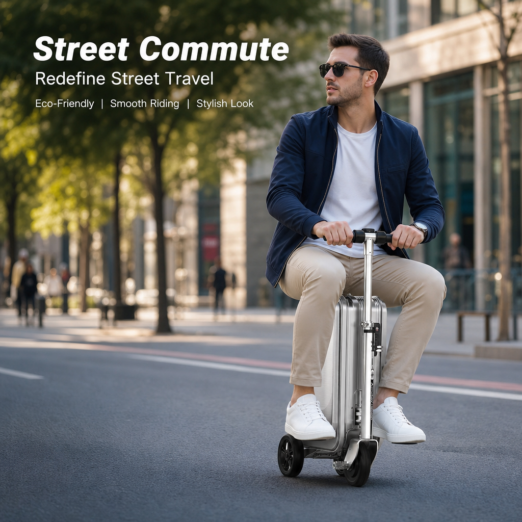 Rideable Scooter Luggage｜Foldable Aluminum Carry‑On Suitcase, TSA Lock Silent Spinner Wheels, Multi‑Purpose Riding Suitcase for Airport Commute Campus