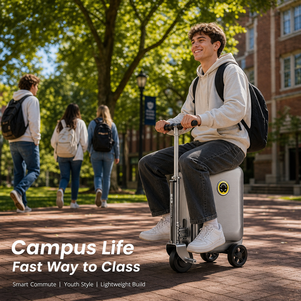Rideable Scooter Luggage｜Foldable Aluminum Carry‑On Suitcase, TSA Lock Silent Spinner Wheels, Multi‑Purpose Riding Suitcase for Airport Commute Campus