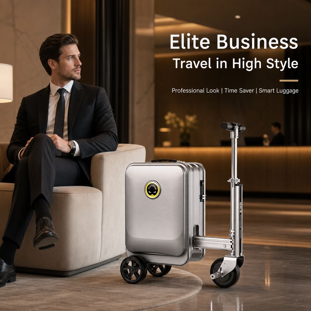Rideable Scooter Luggage｜Foldable Aluminum Carry‑On Suitcase, TSA Lock Silent Spinner Wheels, Multi‑Purpose Riding Suitcase for Airport Commute Campus