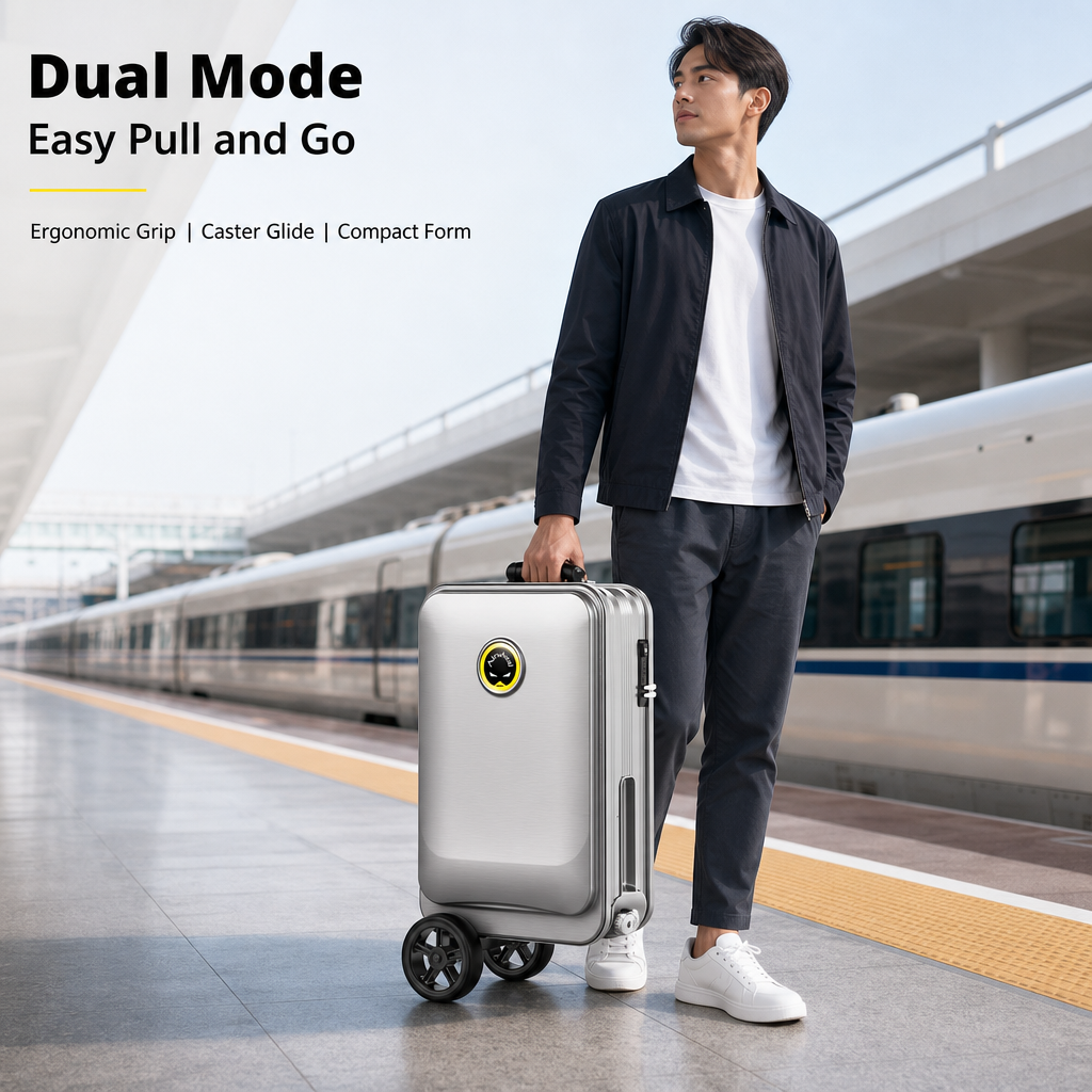 Rideable Scooter Luggage｜Foldable Aluminum Carry‑On Suitcase, TSA Lock Silent Spinner Wheels, Multi‑Purpose Riding Suitcase for Airport Commute Campus